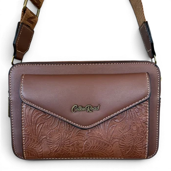 Cotton Road Sling Bag: BROWN PU Leather Crossbody with EMBOSSED Design FRONT VIEW 