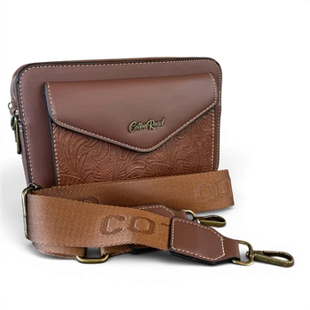 Cotton Road Sling Bag: BROWN PU Leather Crossbody with EMBOSSED Design FRONT VIEW BRANDED STRAP