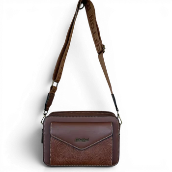 Cotton Road Sling Bag: BROWN PU Leather Crossbody with EMBOSSED Design HANGING VIEW 