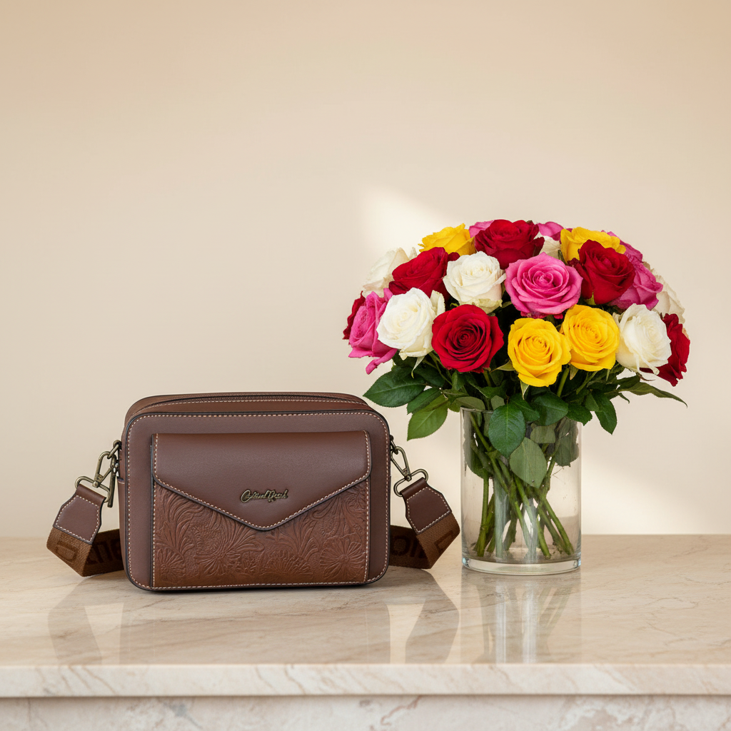 Cotton Road Sling Bag: BROWN PU Leather Crossbody with EMBOSSED Design HERO VIEW 