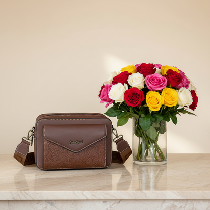 Cotton Road Sling Bag: BROWN PU Leather Crossbody with EMBOSSED Design HERO VIEW 