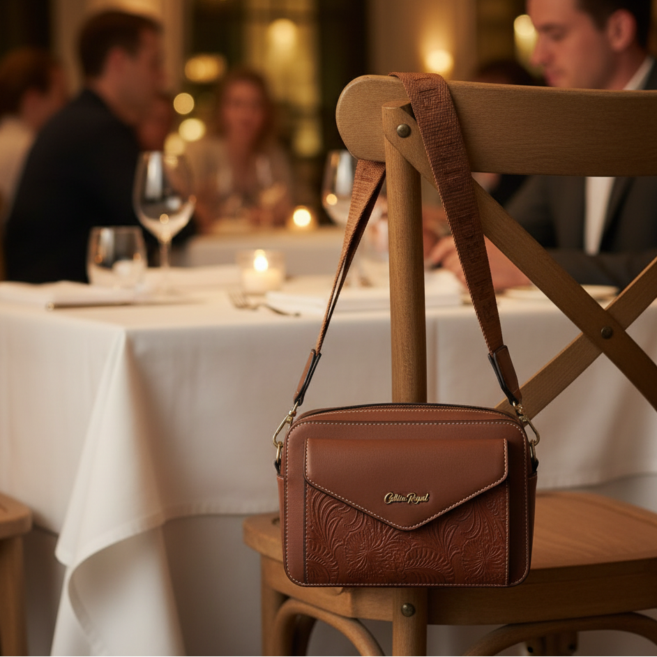Cotton Road Sling Bag: BROWN PU Leather Crossbody with EMBOSSED Design LIFESTYLE VIEW