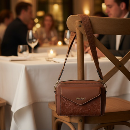Cotton Road Sling Bag: BROWN PU Leather Crossbody with EMBOSSED Design LIFESTYLE VIEW