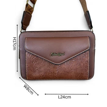 Cotton Road Sling Bag: BROWN PU Leather Crossbody with EMBOSSED Design SIZE