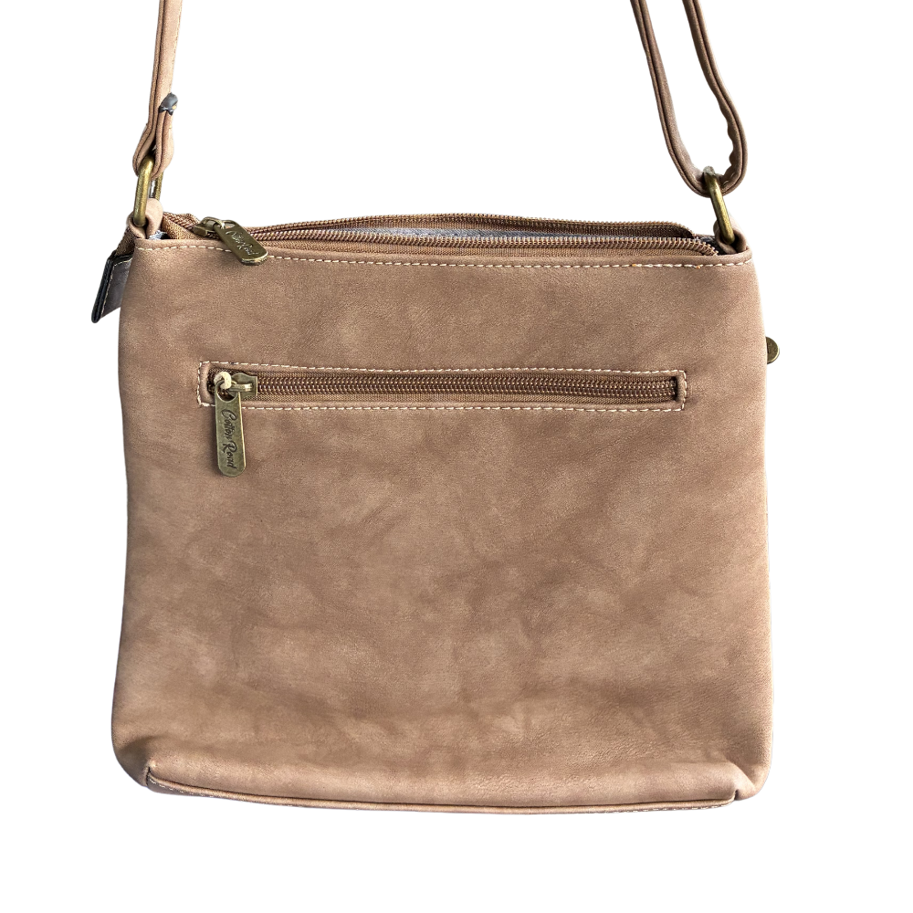 Cotton Road Sling Bag: BROWN PU Leather Crossbody with Embossed Pattern BACK
