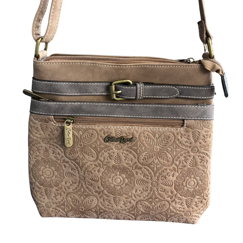 Cotton Road Sling Bag: BROWN PU Leather Crossbody with Embossed Pattern FRONT