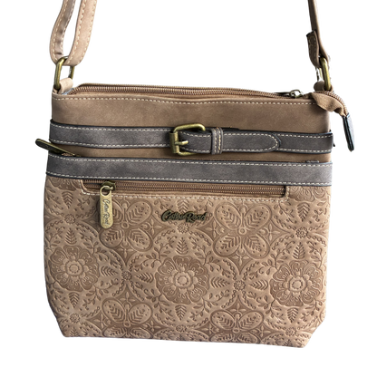 Cotton Road Sling Bag: BROWN PU Leather Crossbody with Embossed Pattern FRONT