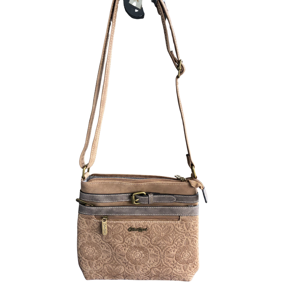 Cotton Road Sling Bag: BROWN PU Leather Crossbody with Embossed Pattern HANGING