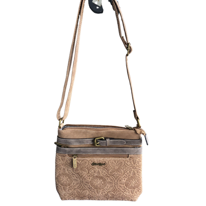 Cotton Road Sling Bag: BROWN PU Leather Crossbody with Embossed Pattern HANGING