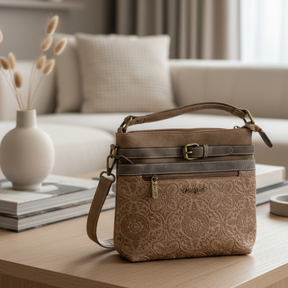 Cotton Road Sling Bag: BROWN PU Leather Crossbody with Embossed Pattern LIFESTYLE