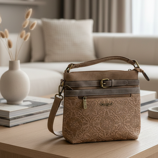 Cotton Road Sling Bag: BROWN PU Leather Crossbody with Embossed Pattern LIFESTYLE