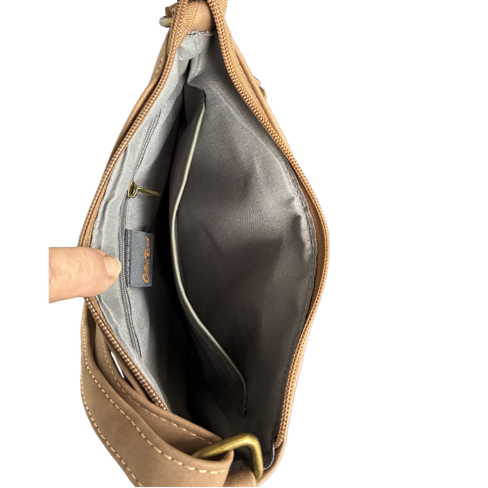 Cotton Road Sling Bag: BROWN PU Leather Crossbody with Embossed Pattern OPEN