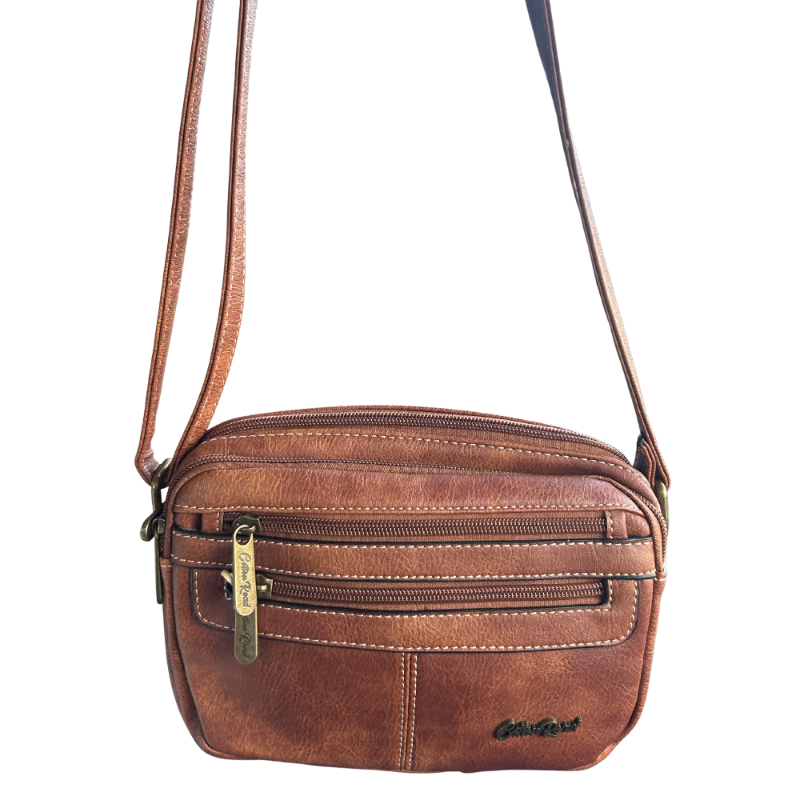 Cotton Road Sling Bag: BROWN PU Leather Sling Bag