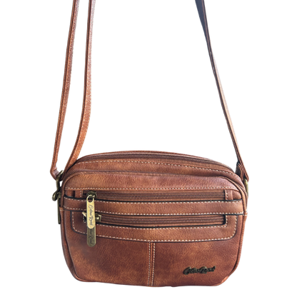 Cotton Road Sling Bag: BROWN PU Leather Sling Bag