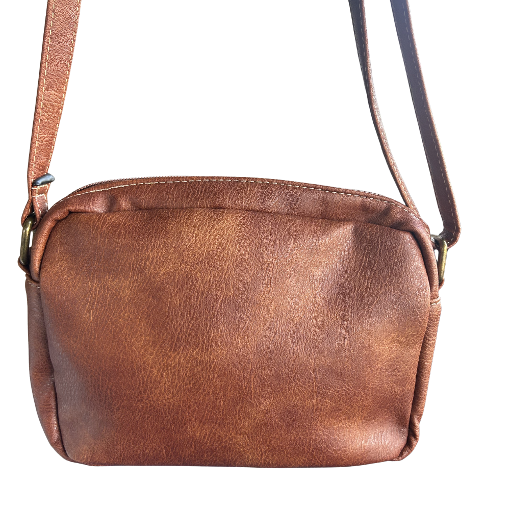 Cotton Road Sling Bag: BROWN PU Leather Sling Bag back view
