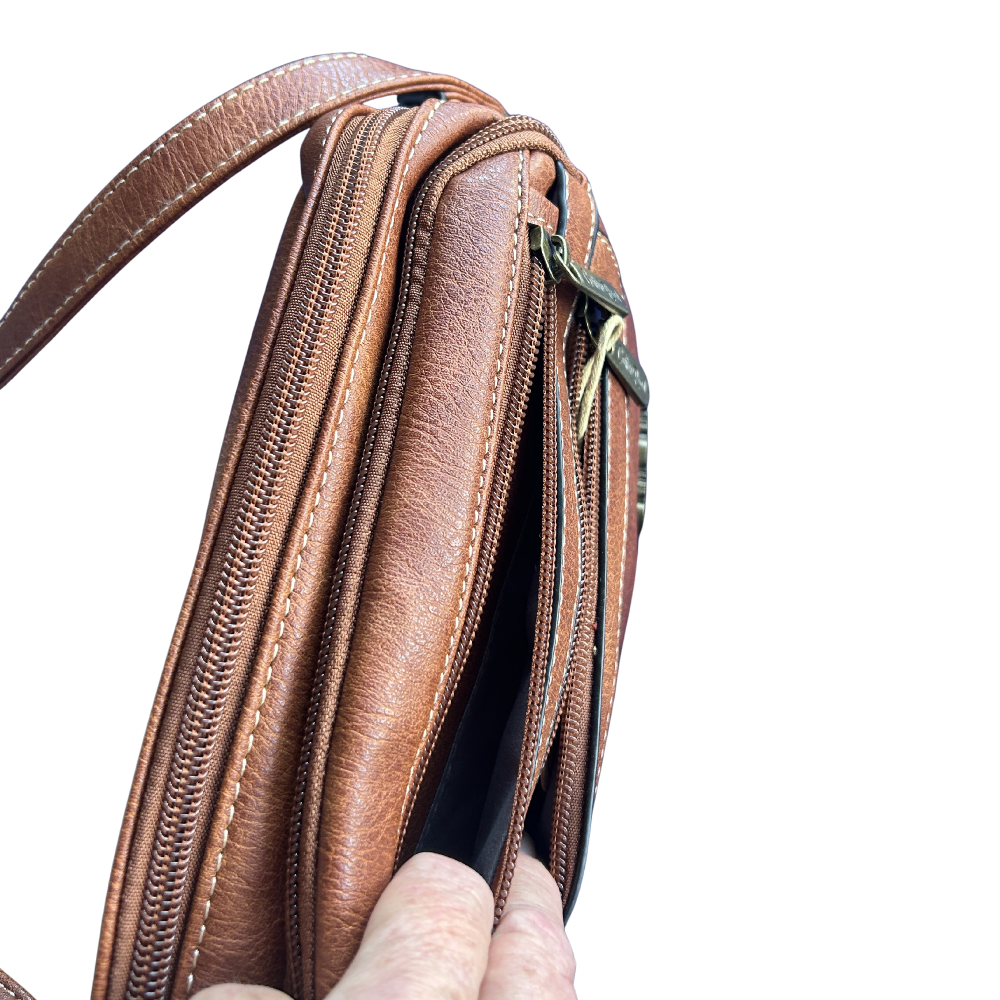 Cotton Road Sling Bag: BROWN PU Leather Sling Bag open zips