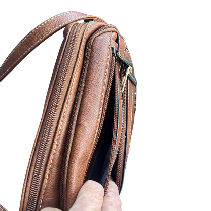 Cotton Road Sling Bag: BROWN PU Leather Sling Bag open zips
