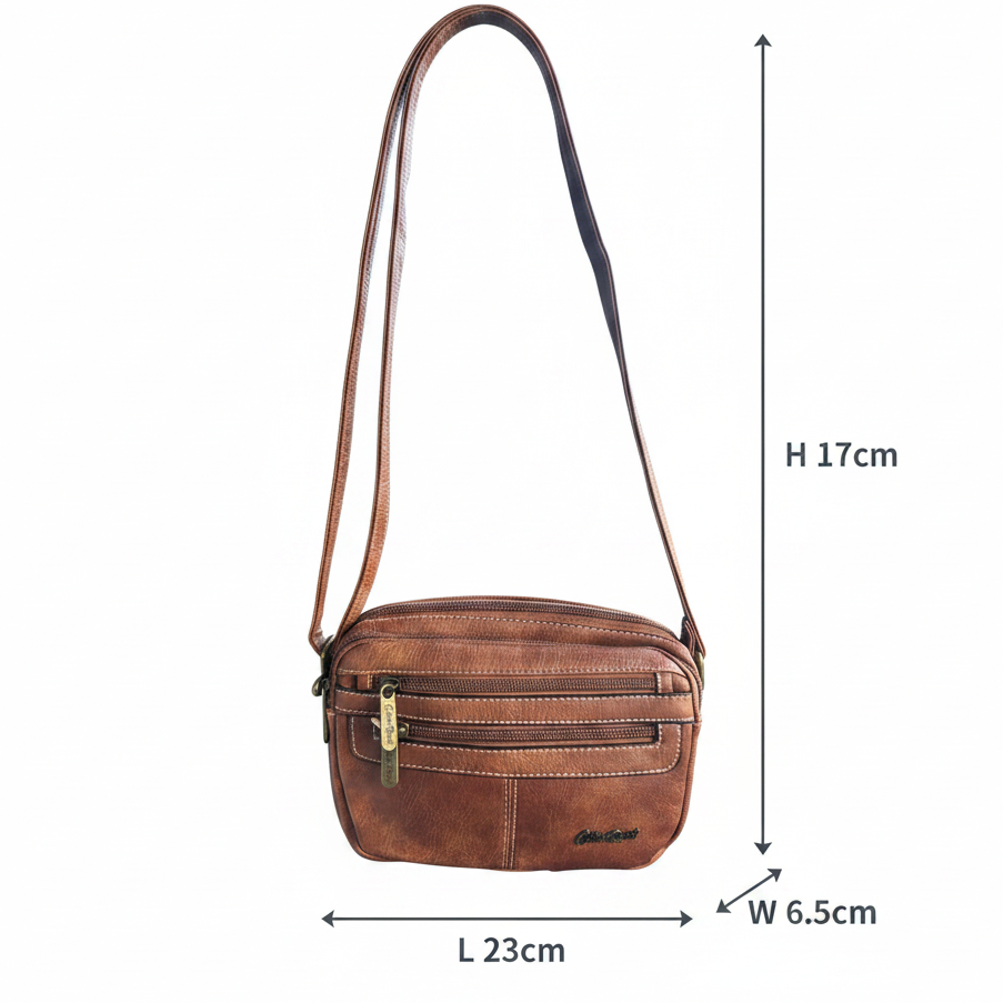 Cotton Road Sling Bag: BROWN PU Leather Sling Bag size
