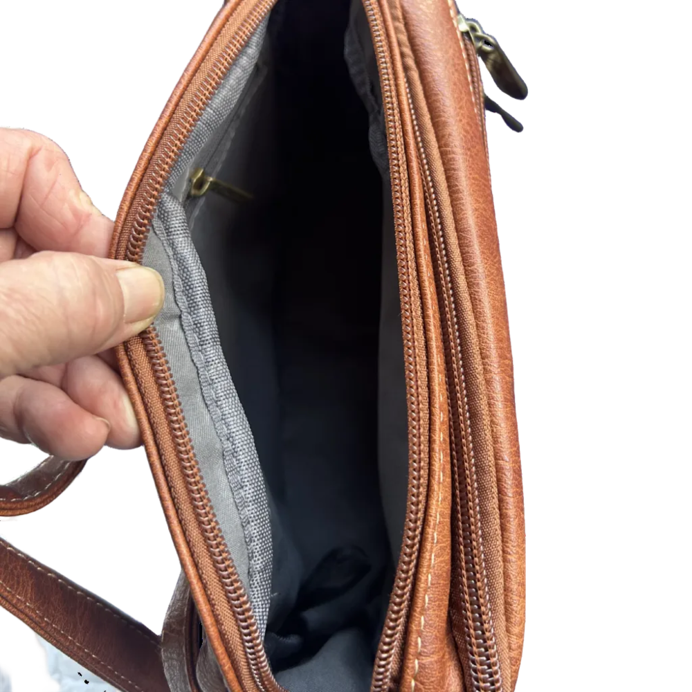Cotton Road Sling Bag: BROWN PU Leather Sling Bag top open zip