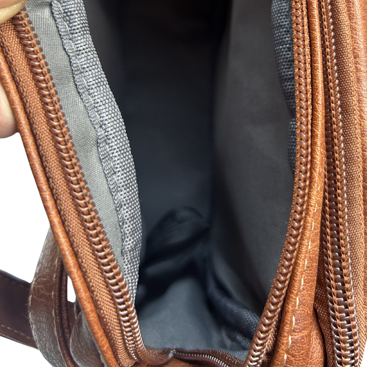 Cotton Road Sling Bag: BROWN PU Leather Sling Bag top open zip view