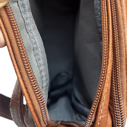 Cotton Road Sling Bag: BROWN PU Leather Sling Bag top open zip view