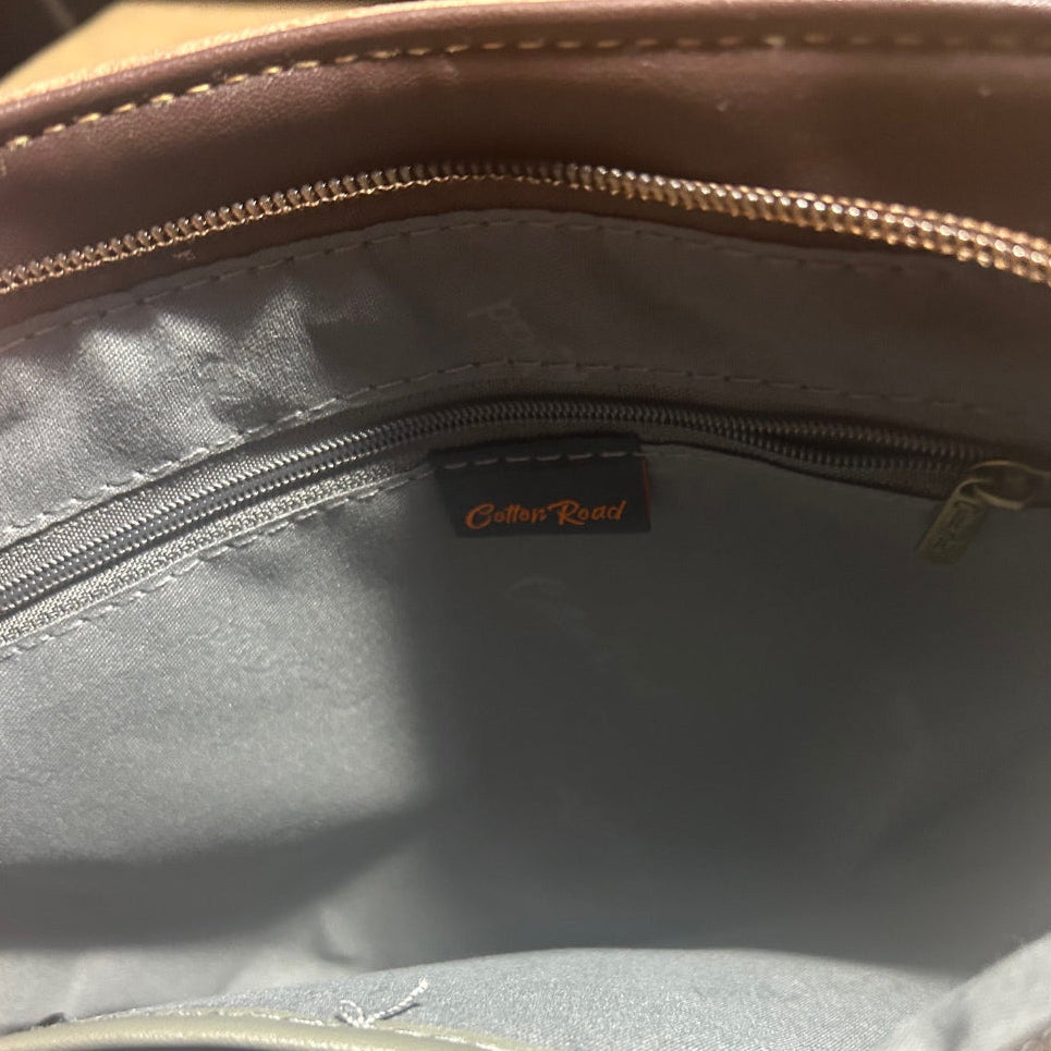 Cotton Road Sling Bag: BROWN PU Leather Sling Bag with Embossed Protea inside