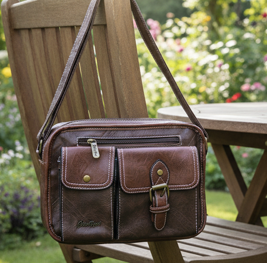 Cotton Road Sling Bag: BROWN PU Leather with Buckle detailing