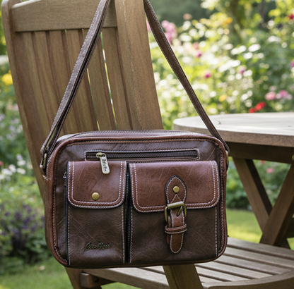 Cotton Road Sling Bag: BROWN PU Leather with Buckle detailing