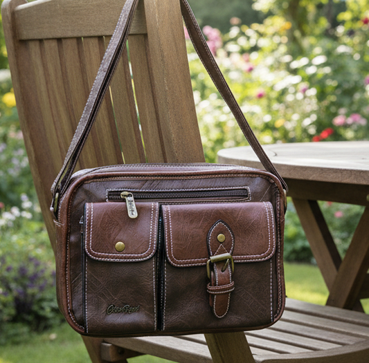 Cotton Road Sling Bag: BROWN PU Leather with Buckle detailing