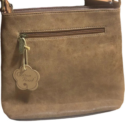Cotton Road Sling Bag: BROWN PU Leather with Embossed Protea BACK VIEW
