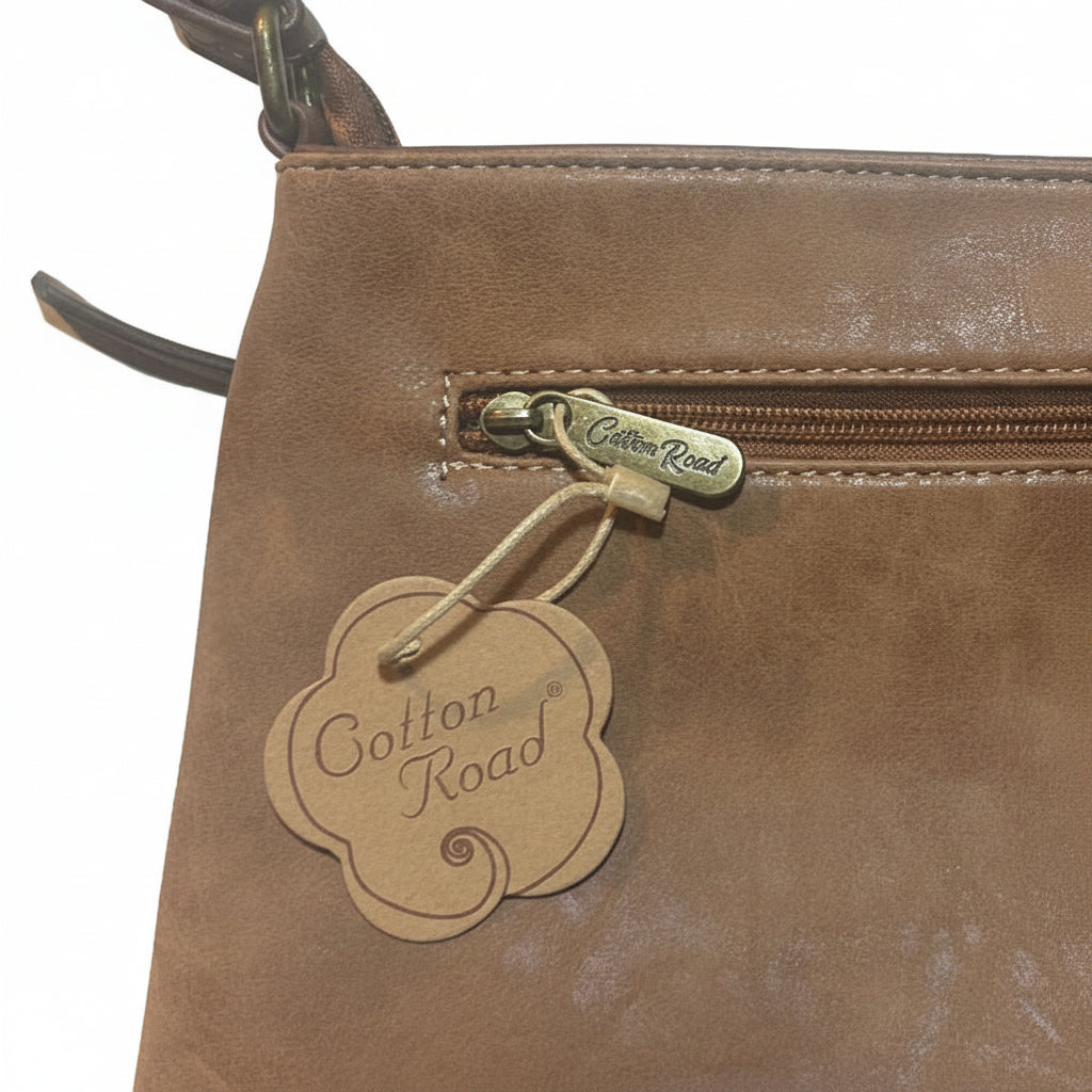 Cotton Road Sling Bag: BROWN PU Leather with Embossed Protea BRANDED VIEW