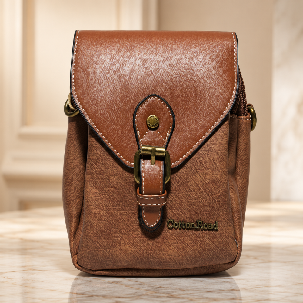 Cotton Road Sling Bag: BROWN PU Leather with Wide Woven Strap HERO