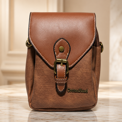 Cotton Road Sling Bag: BROWN PU Leather with Wide Woven Strap HERO