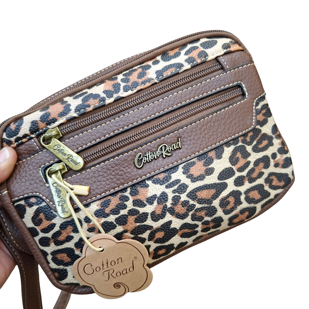 Cotton Road Sling Bag: BROWN PU leather Crossbody with Leopard Print FRONT