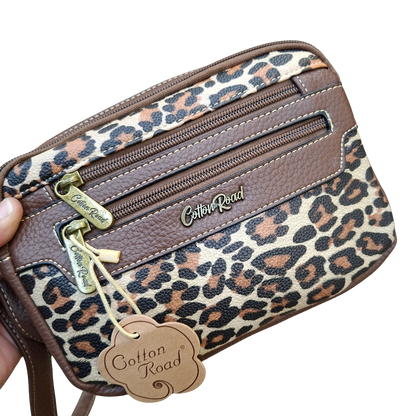 Cotton Road Sling Bag: BROWN PU leather Crossbody with Leopard Print FRONT