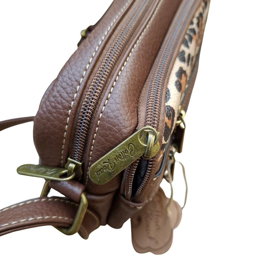 Cotton Road Sling Bag: BROWN PU leather Crossbody with Leopard Print TOP ZIP