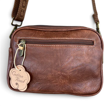 Cotton Road Sling Bag: BROWN Protea PU Leather Crossbody Bag with Branded Strap BACK