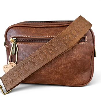 Cotton Road Sling Bag: BROWN Protea PU Leather Crossbody Bag with Branded Strap BRANDING