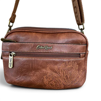 Cotton Road Sling Bag: BROWN Protea PU Leather Crossbody Bag with Branded Strap DETAIL