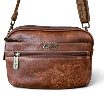 Cotton Road Sling Bag: BROWN Protea PU Leather Crossbody Bag with Branded Strap FRONT
