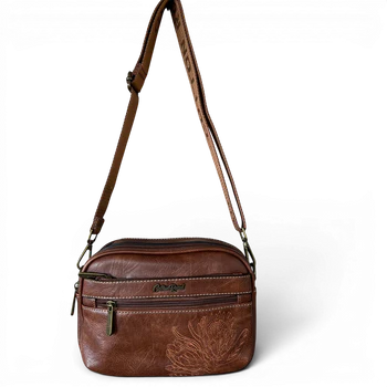 Cotton Road Sling Bag: BROWN Protea PU Leather Crossbody Bag with Branded Strap HANGING