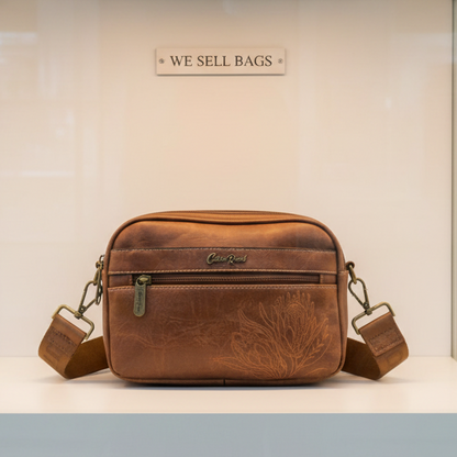 Cotton Road Sling Bag: BROWN Protea PU Leather Crossbody Bag with Branded Strap HERO