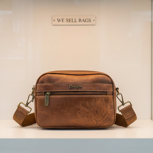 Cotton Road Sling Bag: BROWN Protea PU Leather Crossbody Bag with Branded Strap HERO