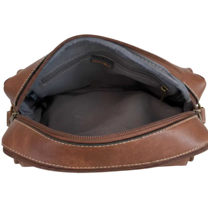 Cotton Road Sling Bag: BROWN Protea PU Leather Crossbody Bag with Branded Strap OPEN