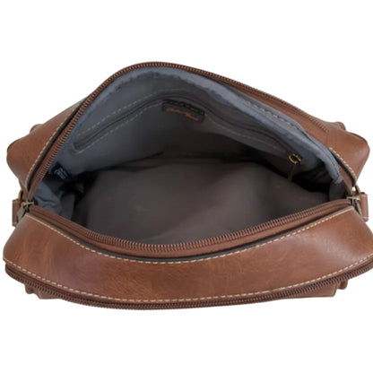 Cotton Road Sling Bag: BROWN Protea PU Leather Crossbody Bag with Branded Strap OPEN