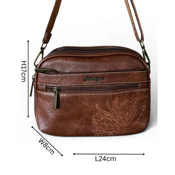 Cotton Road Sling Bag: BROWN Protea PU Leather Crossbody Bag with Branded Strap SIZE
