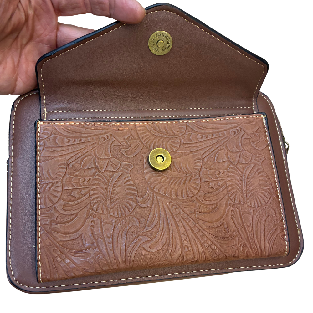 Cotton Road Sling Bag: BROWN VINE Embossed PU Leather Crossbody Bag FLAP CLIP DETAIL