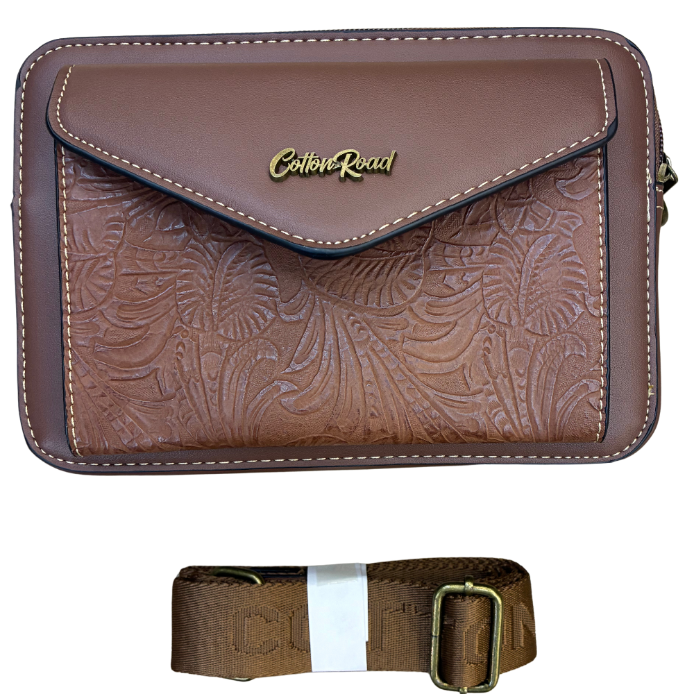 Cotton Road Sling Bag: BROWN VINE Embossed PU Leather Crossbody Bag SET DETAIL