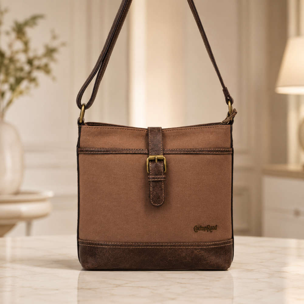 Cotton Road Sling Bag: COFFEE BROWN Canvas and PU Leather Casual Bag HERO