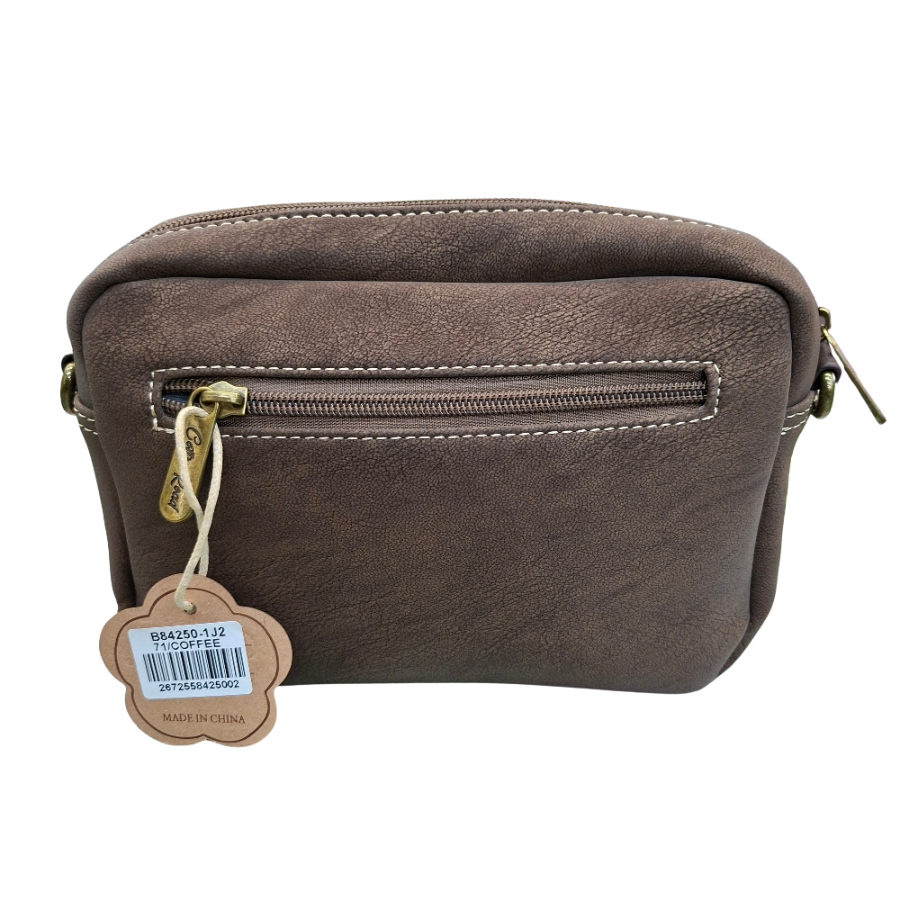 Cotton Road Sling Bag: COFFEE BROWN Mini Crossbody with Branded Strap BACK VIEW